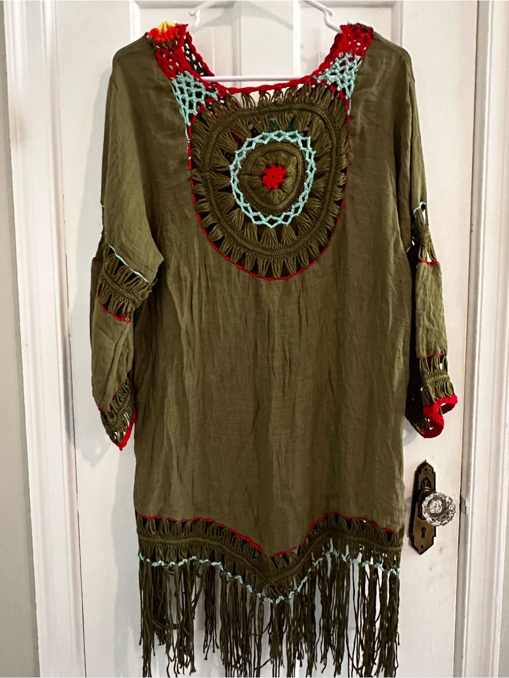WOWO Bohemian Olive Green Fringe Tunic with Crochet Accents - Picture 4 of 9